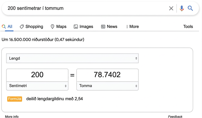 Skjámynd af Google-leit þar sem „200 centimeters in inches“ hefur verið slegið í leitarreitinn.