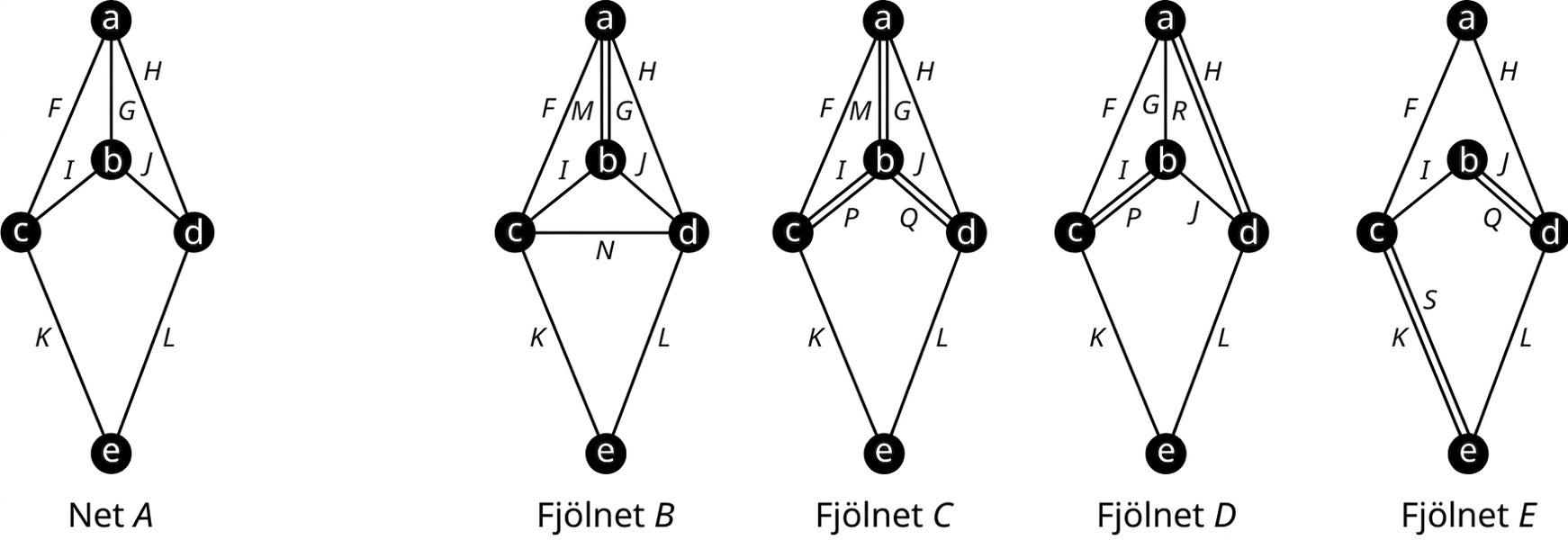 Fimm net sem hafa hvert fimm hnúta, a til e. Net A: leggur F frá a til c, H frá a til d, G frá a til b, I frá b til c, J frá b til d, K frá c til e og L frá d til e. Fjölnet B: F frá a til c, H frá a til d, G og M frá a til b, I frá b til c, J frá b til d, N frá c til d, K frá c til e og L frá d til e. Fjölnet C: F frá a til c, H frá a til d, M og G frá a til b, I og P frá b til c, J og Q frá b til d, K frá c til e og L frá d til e. Fjölnet D: F frá a til c, H og A frá a til d, G frá a til b, P og I frá b til c, J frá b til d, K frá c til e og L frá d til e. Fjölnet E: F frá a til c, H frá a til d, I frá b til c, J og A frá b til d, K og S frá c til e og L frá d til e.