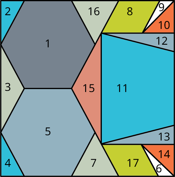 Rétthyrningur úr 17 marghyrningum. Form 1 og 5 eru sexhyrningar. Form 2, 3, 4, 6, 7, 9, 10, 12, 13, 14, 15 og 16 eru þríhyrningar. Form 8 og 17 eru samsíðungar og form 11 trapisa.