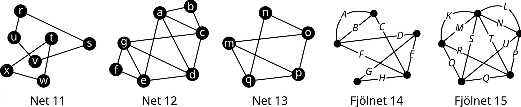 Fimm net. Net 11 hefur átta hnúta og leggina rs, sv, vu, ur, tx, tw og xw. Net 12 hefur sjö hnúta og leggina ef, fg, ge, gd, ed, ea, da, dc, gc, ca, cb og ab. Net 13 hefur fimm hnúta og leggina no, nq, om, op, mp, mq og qp. Fjölnet 14 hefur fimm hnúta og leggi merkta A til H. Fjölnet 15 hefur fimm hnúta og leggi merkta K til U.