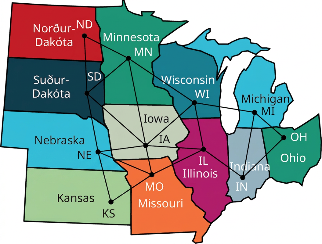 Kort af hluta Bandaríkjanna sýnir miðvesturríkin Norður-Dakóta (ND), Suður-Dakóta (SD), Nebraska (NE), Kansas (KS), Minnesota (MN), Iowa (IA), Missouri (MO), Wisconsin (WI), Illinois (IL), Indiana (IN), Michigan (MI) og Ohio (OH). Leggir frá ND liggja til SD og MN. Leggir frá SD liggja til NE, IA og MN. Leggir frá MN liggja til IA og WI. Leggir frá NE liggja til KS, MO og IA. Leggir frá IA liggja til MO og IL. Leggir frá WI liggja til IA og IL. Leggur liggur frá KS til MO, annar frá MO til IL og annar frá IL til IN. Leggir frá IN liggja til MI og OH. Leggur liggur frá MI til OH.