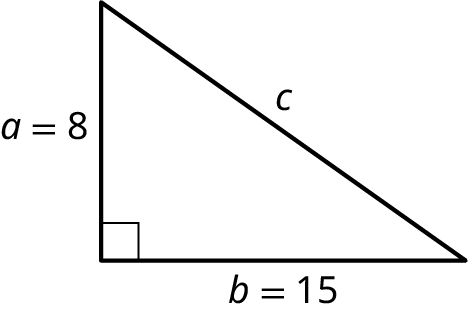 Rétthyrndur þríhyrningur með skammhliðar a = 8 og b = 15 og langhlið c.