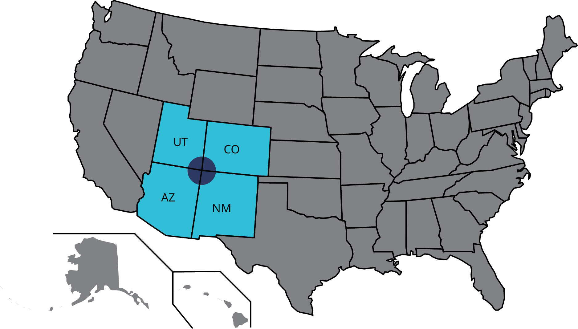 Kort af Bandaríkjunum þar sem Four Corners-svæðið er auðkennt. Þar eru Utah, Colorado, Arizona og New Mexico.