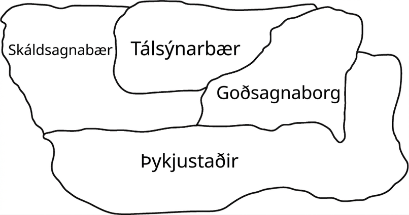 Kort af Imaginaria sýnir fjögur svæði: Fictionville, Illusionham, Mythbury og Pretendstead.