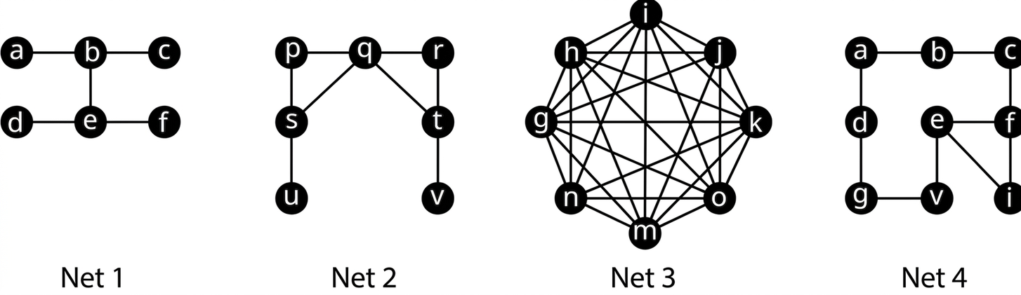 Fjögur net. Net 1 hefur hnútana a, b, c, d, e og f og leggina ab, bc, be, de og ef. Net 2 hefur hnútana p, q, r, s, t, u og v og leggina pq, qr, ps, qs, rt, qt, su og tv. Net 3 hefur átta hnúta, g, h, i, j, k, o, m og n, og allir tengjast hver öðrum. Net 4 hefur hnútana a, b, c, d, e, f, g, h og i og leggina ab, bc, cf, ad, dg, gh, eh, ef og ei.