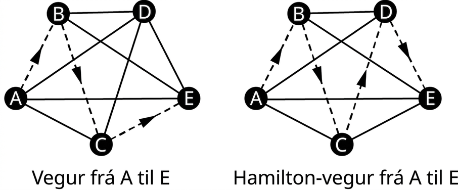 Tvö net. Hvort net hefur fimm hnúta: A, B, C, D og E. Í fyrra netinu liggja stefndir leggir frá A til B, B til C og C til E. Í seinna netinu liggja þeir frá A til B, B til C, C til D og D til E.