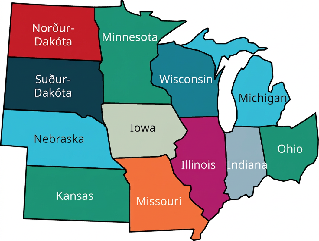 Kort af hluta Bandaríkjanna sýnir miðvesturríkin Norður-Dakóta, Suður-Dakóta, Nebraska, Kansas, Minnesota, Iowa, Missouri, Wisconsin, Illinois, Indiana, Michigan og Ohio.