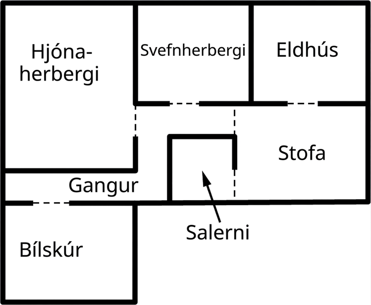 Grunnmynd húss sýnir hjónaherbergi, svefnherbergi, eldhús, stofu, gang, bílskúr og salerni.