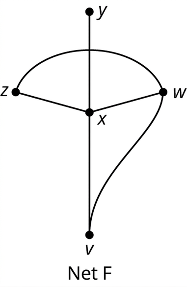 Net merkt F hefur fimm hnúta: V, W, X, Y og Z. Fjórir leggir tengja X við V, W, Y og Z. Tveir leggir tengja W við V og Z.