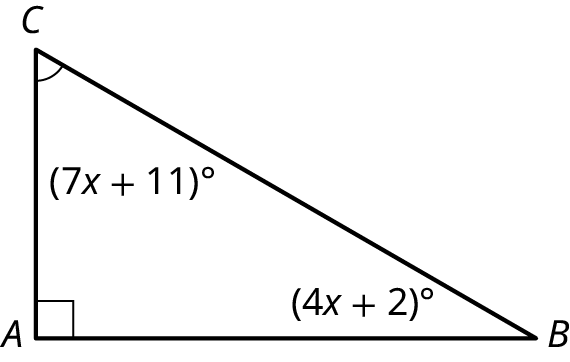 Rétthyrndi þríhyrningurinn ABC. A er 90°, B er (4x + 2)° og C er (7x + 11)°.
