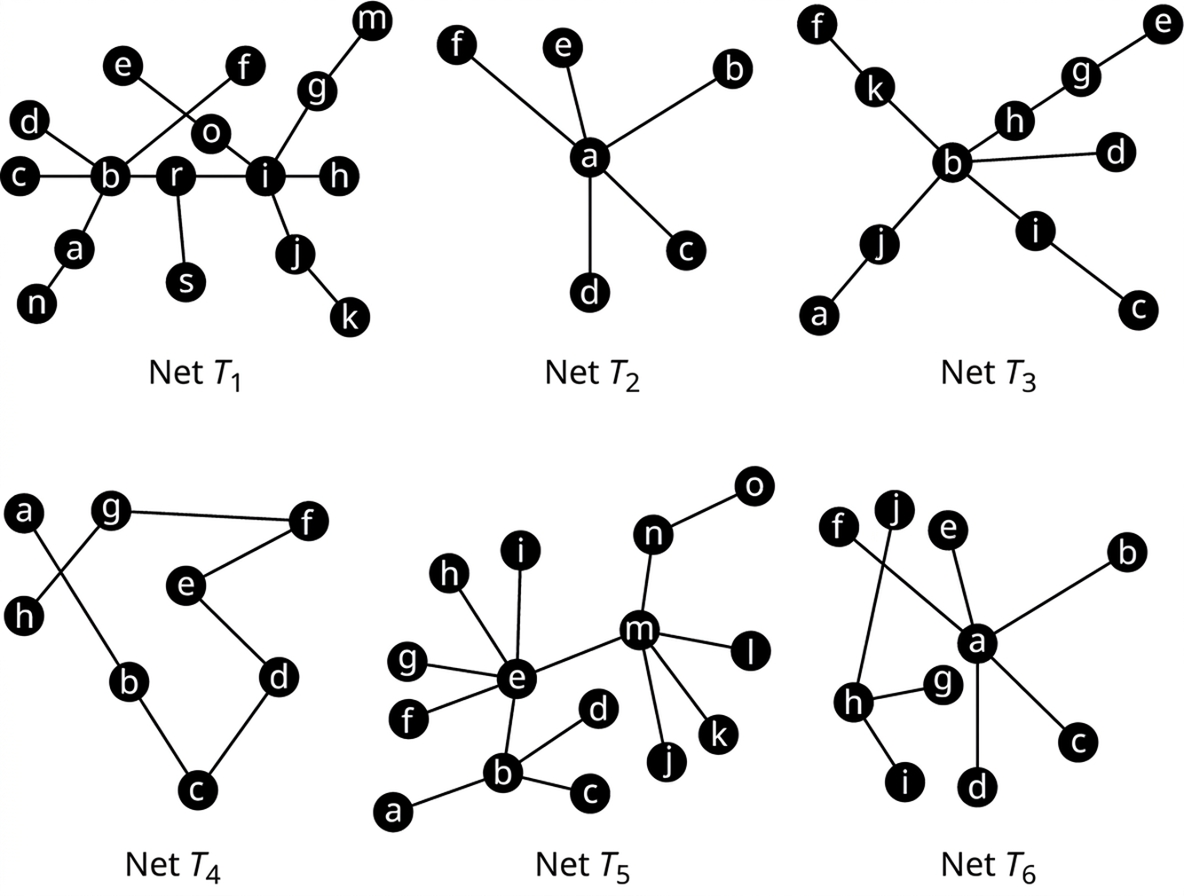 Sex net. Net T₁ hefur 16 hnúta merkta a, b, c, d, e, f, g, h, i, j, k, m, n, o, r og s og leggina bd, bc, ba, an, br, bf, rs, ri, eo, oi, ij, jk, ih, ig og gm. Net T₂ hefur sex hnúta, a til f, og leggina ab, ac, ad, ae og af. Net T₃ hefur ellefu hnúta, a til k, og leggina bd, fk, kb, bi, ic, aj, jb, bh, hg og ge. Net T₄ hefur átta hnúta, a til h, og leggina ab, bc, cd, de, ef, fg og gh. Net T₅ hefur 15 hnúta, a til o, og leggina ab, bc, bd, be, ef, eg, eh, ei, em, mj, mk, ml, mn og no. Net T₆ hefur tíu hnúta, a til j, og leggina ab, ac, ad, ae, af, jh, hg og hi.