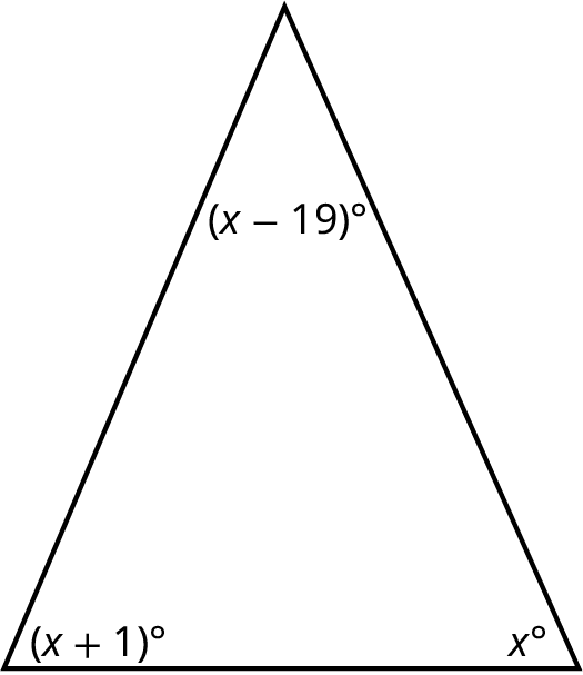 Þríhyrningur með hornin x gráður, (x + 1) gráður og (x − 19) gráður.