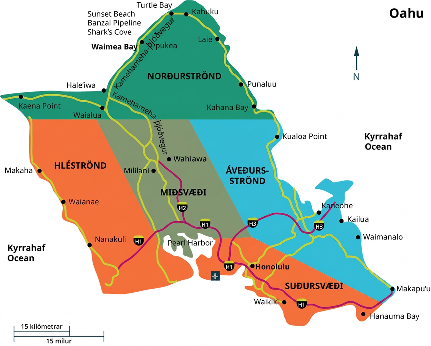 Kort sýnir svæði Oahu: North Shore, Leeward Coast, Central, Windward Coast og South.