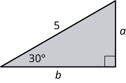 Rétthyrndur þríhyrningur með skammhliðar a og b, langhlið 5 og horn 30° og 90°.