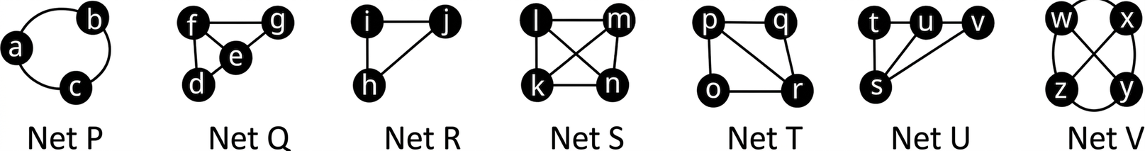 Sjö net. Net P hefur þrjá hnúta: a, b og c. Bogadregnu leggirnir tengja ab, bc og ca. Net Q hefur fjóra hnúta: e, f, g og h. Leggirnir tengja df, fg, ge, ed og fe. Net R hefur þrjá hnúta: h, i og j. Leggirnir tengja hi, ij og ih. Net S hefur fjóra hnúta: k, l, m og n. Leggirnir tengja lm, mn, nk, kl, ln og km. Net T hefur fjóra hnúta: o, p, q og r. Leggirnir tengja pq, qr, ro, op og pr. Net U hefur fjóra hnúta: s, t, u og v. Leggirnir tengja st, tu, uv, vs og su. Net V hefur fjóra hnúta: w, x, y og z. Bogadregnu leggirnir tengja wx, xy, yz og zw. Beinu leggirnir tengja wy og xz.