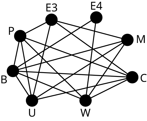 Net hefur átta hnúta: P, B, U, W, C, M, E4 og E3. Leggir frá P liggja til E3, B, U, W og C. Leggir frá B liggja til U, W, C, M og E4. Leggir frá U liggja til E3, M og C. Leggir frá W liggja til E4, M og C. Leggur liggur frá C til E3 og annar frá M til E3.