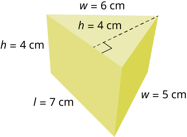 Þríhyrndur strendingur. Hliðar þríhyrningsins eru l = 7 cm, w = 6 cm og w = 5 cm, hæð þríhyrningsins h = 4 cm og hæð strendingsins h = 4 cm.