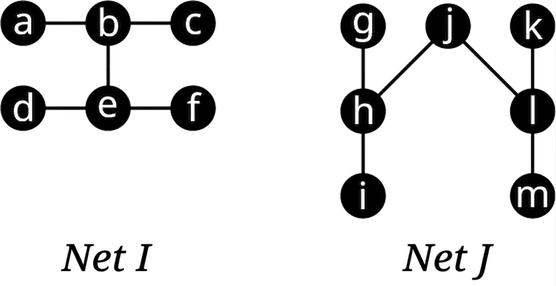 Tvö net. Net I hefur sex hnúta, a, b, c, d, e og f. Leggirnir tengja ab, bc, be, de og ef. Net J hefur sjö hnúta, g, h, i, j, k, l og m. Leggirnir tengja gh, hi, jh, jl, kl og lm.