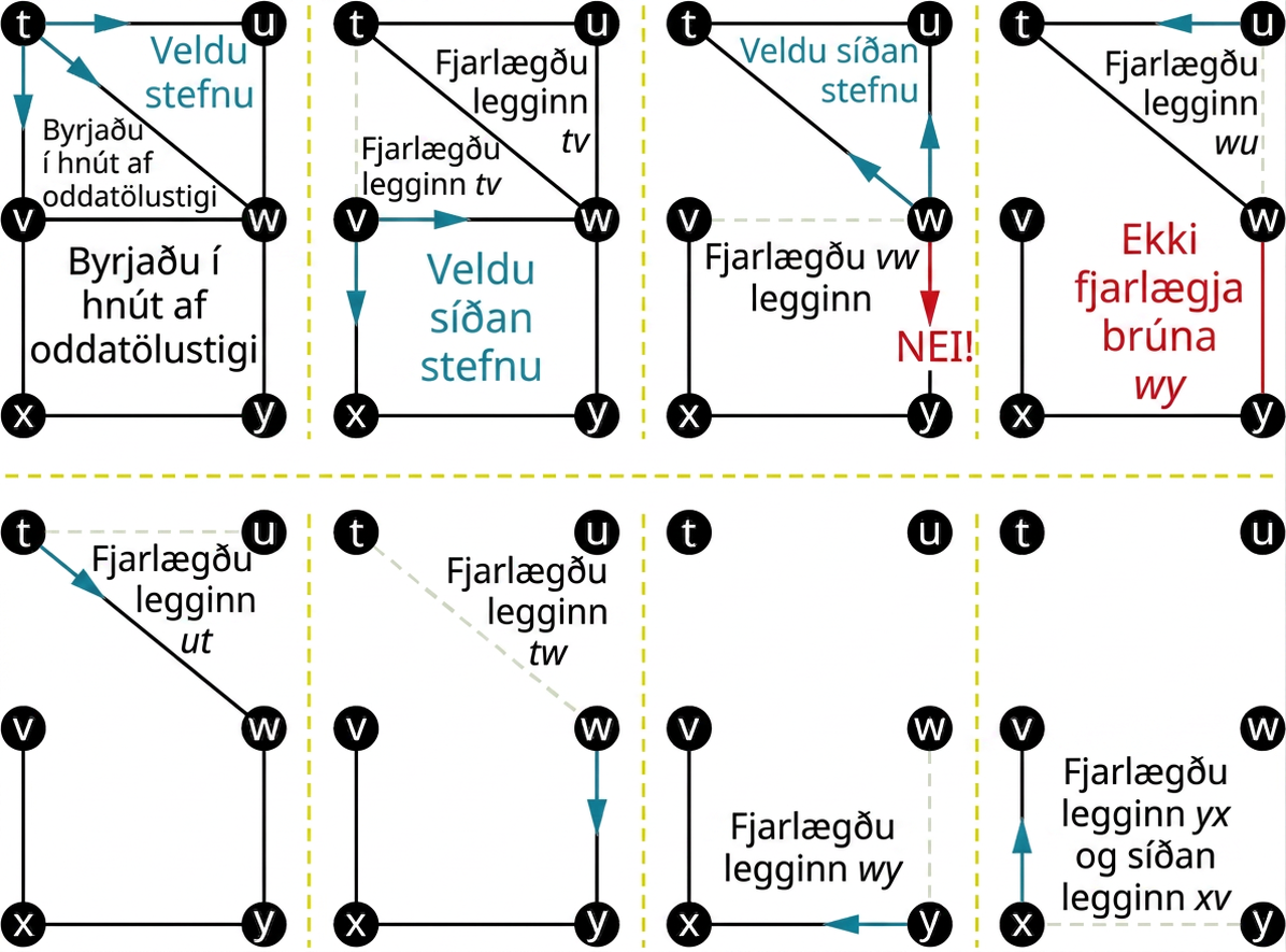 Átta net sem hafa hvert sex hnúta: t, u, v, w, x og y. Í fyrsta netinu eru leggirnir tu, uw, wy, yx, xv, vt og vw. Texti segir: Byrjaðu í hnúti af oddatölustigi. Veldu stefnu. Leggir frá t til u, v og w eru bláir. Annað netið er eins en leggurinn tv er strikaður og merktur Fjarlægðu tv. Leggirnir frá v til w og x eru bláir. Texti segir: Veldu síðan stefnu. Þriðja netið hefur leggina tu, uw, wy, yx, xv og vw. Leggurinn vw er strikaður og merktur Fjarlægðu vw. Leggir frá w til t og u eru bláir og merktir Veldu síðan stefnu. Leggurinn frá w til y er rauður og merktur Nei. Fjórða netið hefur leggina tu, uw, wy, yx, xv og tw. Leggurinn wu er strikaður og merktur Fjarlægðu wu. Leggurinn frá w til y er rauður og merktur Ekki fjarlægja brúna wy. Leggurinn frá u til t er blár. Fimmta netið hefur leggina tu, tw, wy, yx og xv. Leggurinn ut er strikaður og merktur Fjarlægðu ut. Leggurinn frá t til w er blár. Sjötta netið hefur leggina tw, wy, yz og xv. Leggurinn tw er strikaður og merktur Fjarlægðu tw. Leggurinn frá w til y er blár. Sjöunda netið hefur leggina wy, yz og xv. Leggurinn wy er strikaður og merktur Fjarlægðu wy. Leggurinn frá y til x er blár. Áttunda netið hefur leggina yx og xv. Leggurinn yx er strikaður og merktur Fjarlægðu yx og síðan xv. Leggurinn frá x til v er blár.