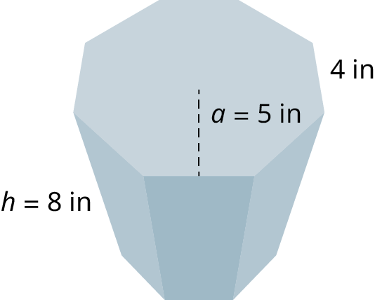 Átthyrndur strendingur. Hver hlið átthyrningsins er 4 tommur, hæð strendingsins h = 8 tommur og inngeislinn a = 5 tommur.