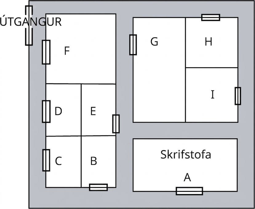 Grunnmynd grunnskóla með þremur hlutum. Í fyrsta hluta er skrifstofa A. Í öðrum eru stofurnar G, H og I. Í þriðja eru stofurnar B, C, D, E og F. Útgangur er efst til hægri.