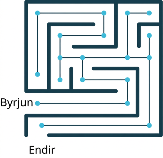 Völundarhús þar sem byrjun og endir eru merkt. Hnútur er merktur við hvert horn og vegur tengir alla hnúta völundarhússins.