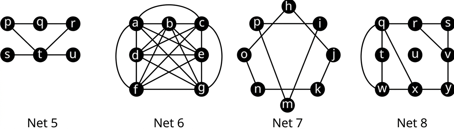 Fjögur net. Net 5 hefur hnútana p, q, r, s, t og u og leggina pq, qr, pt, rt, st og tu. Net 6 hefur sjö hnúta, a, b, c, d, e, f og g, sem allir tengjast hver öðrum. Net 7 hefur hnútana h, i, j, k, m, n, o og p og leggina pi, im, mp, oh, hj, jk, kn og no. Net 8 hefur hnútana q, r, s, t, u, v, w, x og y og leggina qr, rs, sv, vy, yx, xw, wt, tq, qx og rv.