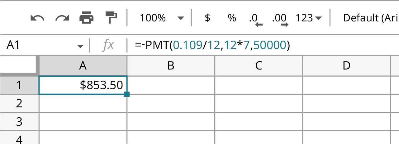 Google Sheets-töflureiknir. Í fyrsta reit fyrstu raðar stendur 853,50 dollarar og formúlan er sýnd sem =-PMT(0.109/12,12*7,50000).