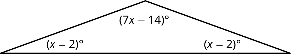 Þríhyrningur með innri hornin (x − 2)°, (7x − 14)° og (x − 2)°.