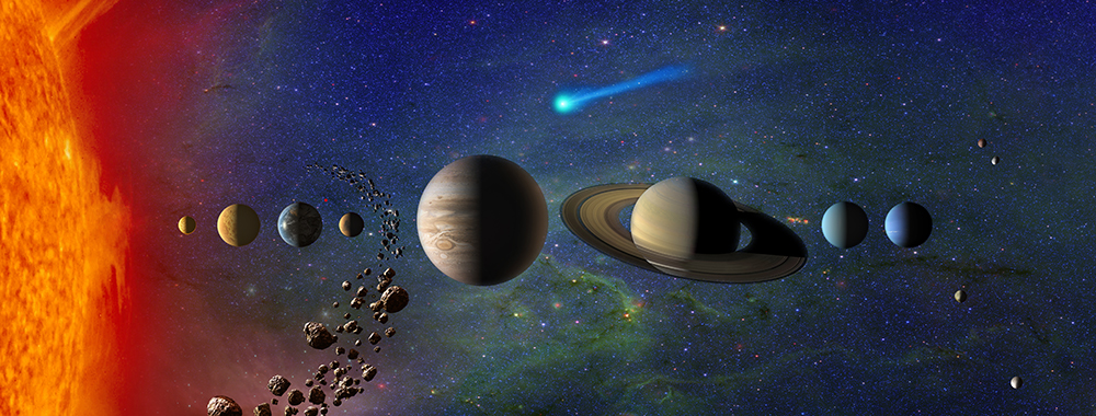 Mynd sýnir sólkerfið með sólinni og reikistjörnunum Merkúríusi, Venusi, jörðinni, Mars, Júpíter, Satúrnusi, Úranusi og Neptúnusi. Engin heiti eru rituð á myndina.