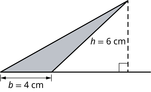 Þríhyrningur með grunnlínu merkta b = 4 cm og hæð merkta h = 6 cm.