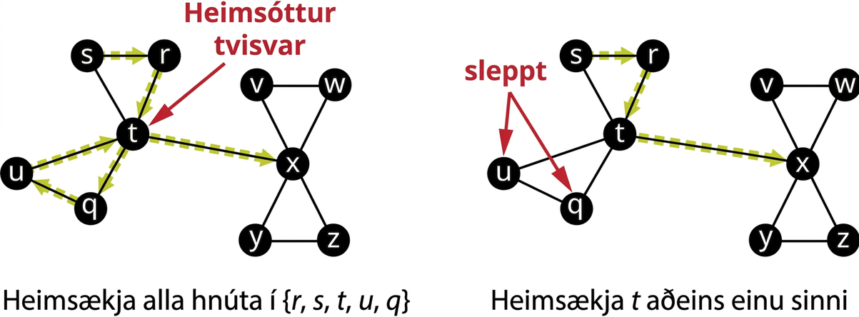 Tvö net með tíu hnúta hvort. Leggir frá t liggja til x, r, s, u og q. Leggir frá x liggja til v, w, y og z. Aðrir leggir tengja rs, uq, vw og yz. Í fyrra netinu liggja stefndir leggir frá r til s, s til t, u til t, t til x, t til q og q til u. Hnútur t er merktur heimsóttur tvisvar. Í seinna netinu liggja stefndir leggir frá r til s, s til t og t til x. Hnútunum u og q er sleppt.