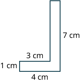 L-laga mynd. Hliðarnar eru 7 sentímetrar, 4 sentímetrar, 1 sentímetri, 3 sentímetrar, 6 sentímetrar og 1 sentímetri.