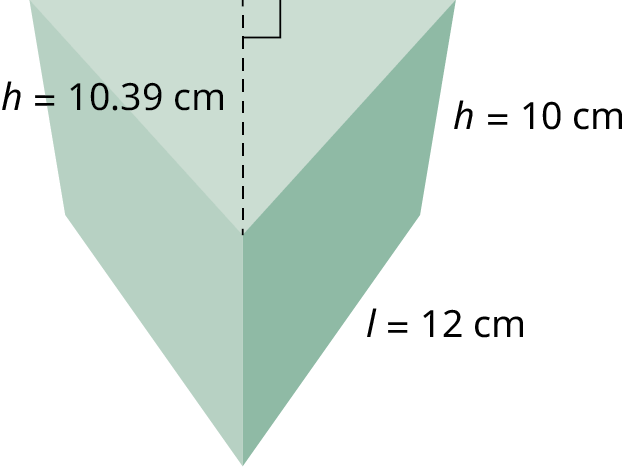 Réttur þríhyrndur strendingur. Hlið þríhyrningsins er l = 12 cm, hæð þríhyrningsins h = 10,39 cm og hæð strendingsins h = 10 cm.
