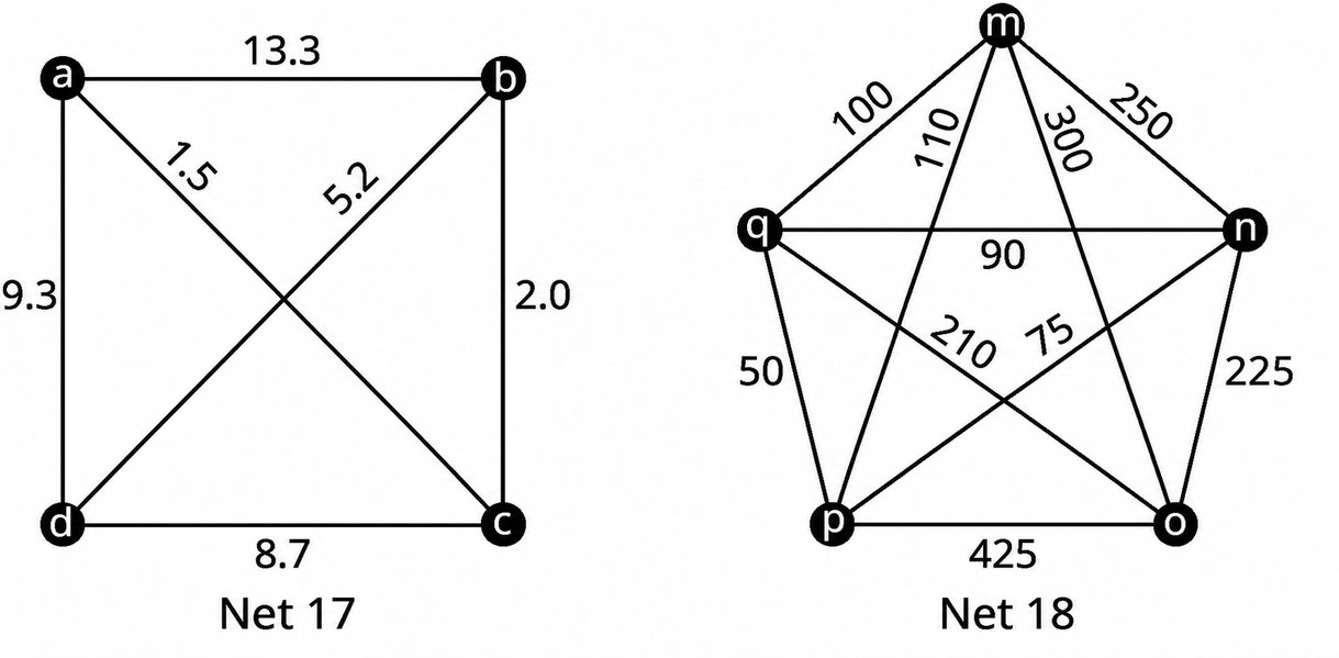 Tvö net heita 17 og 18. Net 17 hefur hnútana a, b, c og d. Leggirnir eru merktir ab, 13,3; bc, 2,0; cd, 8,7; da, 9,3; ac, 1,5; og bd, 5,2. Net 18 hefur hnútana m, q, n, p og o. Leggirnir eru merktir mn, 250; mq, 100; mp, 110; mo, 300; qn, 90; qo, 210; np, 75; qp, 50; po, 425; og no, 225.