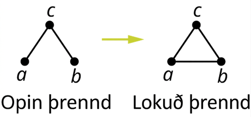 Tvö net tákna opna og lokaða þrennd. Fyrra netið hefur hnútana a, b og c og leggina ac og cb. Hið síðara hefur sömu hnúta og leggina ac, cb og ba.