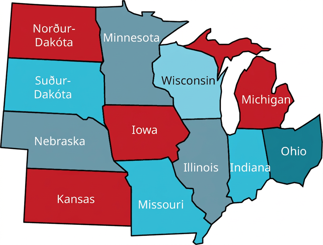 Kort af hluta Bandaríkjanna sýnir miðvesturríkin Norður-Dakóta, Suður-Dakóta, Nebraska, Kansas, Minnesota, Iowa, Missouri, Wisconsin, Illinois, Indiana, Michigan og Ohio. Norður-Dakóta, Kansas, Iowa og Michigan eru rauð. Suður-Dakóta, Missouri, Wisconsin og Indiana eru blá. Nebraska, Minnesota, Illinois og Ohio eru fjólublá.