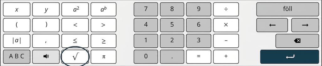 Desmos-lyklaborð með þremur lyklahópum. Fyrsti hópurinn hefur fjórar raðir: x, y, a² og a í veldinu b; vinstri svigi, hægri svigi, minna en og stærra en; algildi a, komma, minna en eða jafnt og og stærra en eða jafnt og; ABC, hljóð, ferningsrót merkt með hring og pí. Annar hópurinn hefur fjórar raðir: 7, 8, 9 og deiling; 4, 5, 6 og margföldun; 1, 2, 3 og frádráttur; 0, punktur, jafnaðarmerki og samlagning. Þriðji hópurinn hefur fallalykil, vinstri ör, hægri ör, bakktakka og færslulykil.