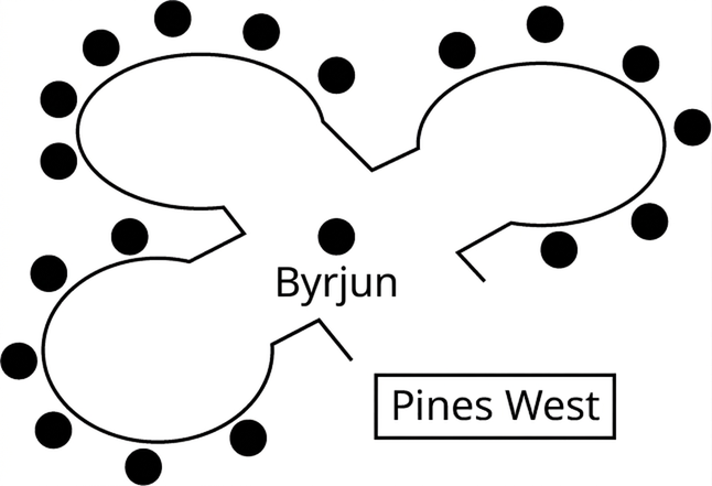 Kort af Pines West. Frá upphafspunkti í miðjunni liggja þrjár leiðir. Á hverri leið eru sex hnútar. Upphafspunkturinn er merktur með hnúti.