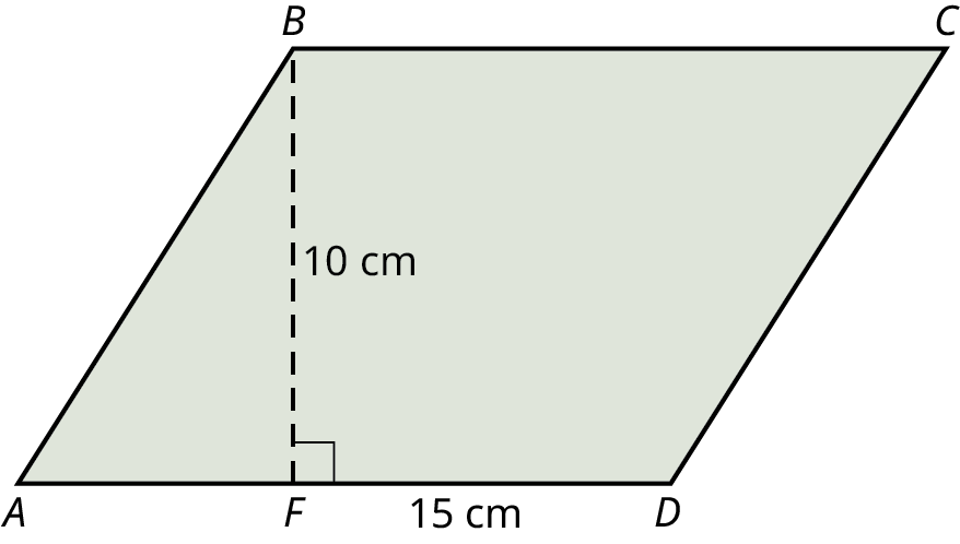 Samsíðungurinn ABCD. Lóðrétt strikalína liggur frá B að hliðinni AD í F. BF er 10 cm og FD er 15 cm.