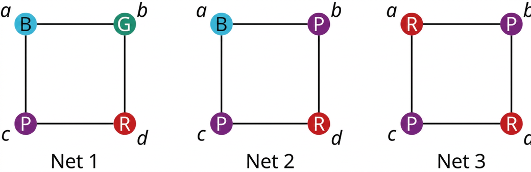 Þrjú net eru merkt net 1, net 2 og net 3. Net 1 hefur fjóra hnúta: a, b, c og d, sem eru blár, grænn, fjólublár og rauður. Net 2 hefur fjóra hnúta: a, b, c og d, sem eru blár, fjólublár, fjólublár og rauður. Net 3 hefur fjóra hnúta: a, b, c og d, sem eru rauður, fjólublár, fjólublár og rauður. Í hverju neti tengja leggirnir ab, bd, dc og ca.
