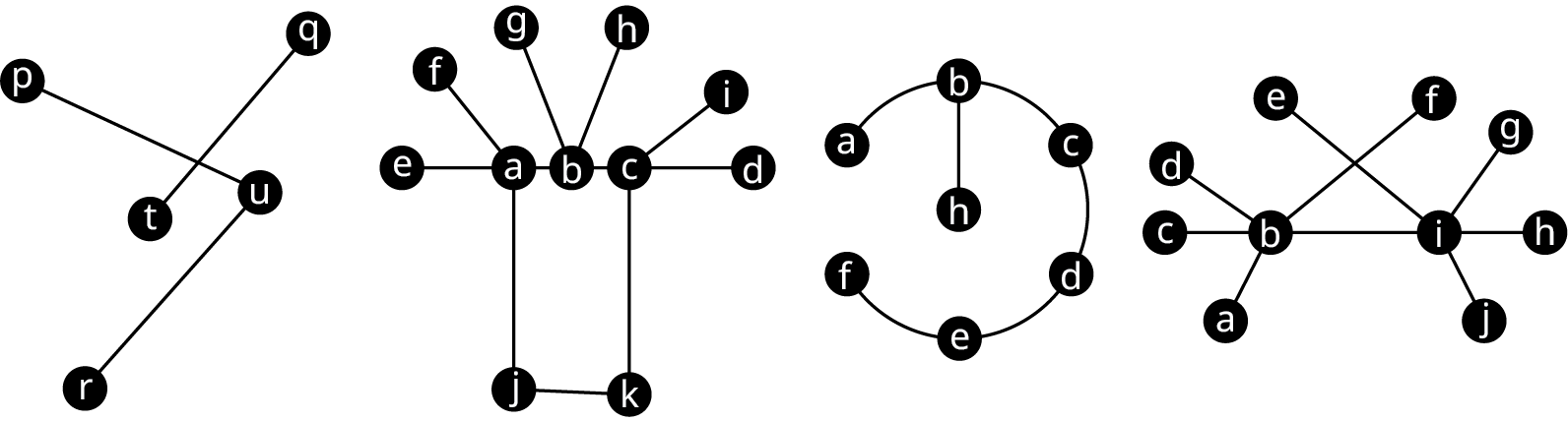 Fjögur net. Net M hefur hnútana p, q, t, u og r og leggina qt, pu og ur. Net W hefur ellefu hnúta, a til k, og leggina ae, af, ab, bg, bh, bc, ci, cd, ck, aj og jk. Net R hefur sjö hnúta, a, b, c, d, e, f og h. Bogleggu leggirnir eru ab, bc, cd, de og ef og beinn leggur tengir b og h. Net X hefur tíu hnúta, a til j, og leggina ba, bc, bd, bi, bf, ie, ig, ih og ij.
