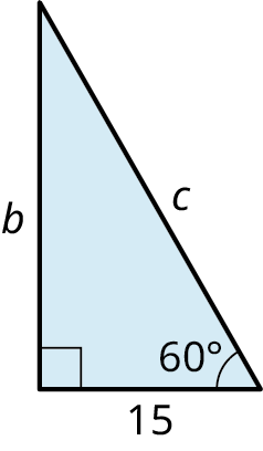 Rétthyrndur þríhyrningur með skammhliðar b og 15, langhlið c og horn 90° og 60°.