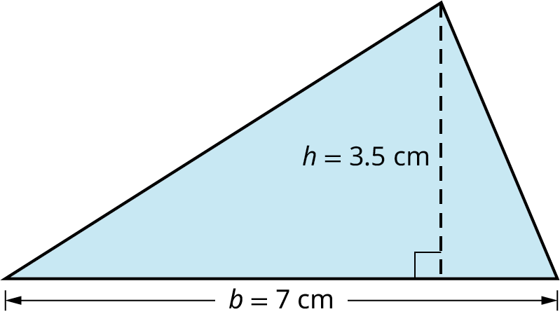 Þríhyrningur með grunnlínu merkta b = 7 cm og hæð merkta h = 3,5 cm.