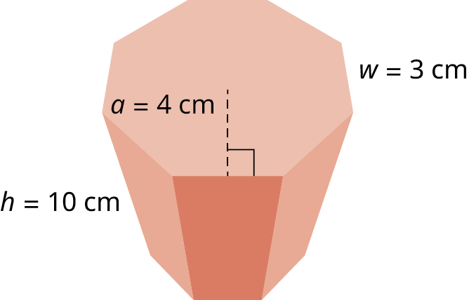Átthyrndur strendingur. Hlið átthyrningsins er w = 3 cm, inngeislinn a = 4 cm og hæð strendingsins h = 10 cm.
