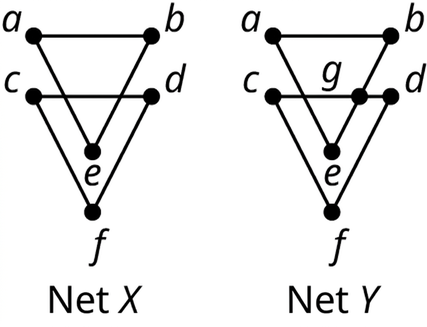 Tvö net eru merkt X og Y. Net X hefur sex hnúta: a, b, c, d, e og f. Hnútarnir a, b og e tengjast með þremur leggjum og mynda þríhyrningslaga form. Hnútarnir c, d og f tengjast einnig með þremur leggjum og mynda þríhyrningslaga form. Þríhyrningarnir skarast en enginn hnútur er á skurðpunktinum. Net Y er eins og net X en hnúturinn g er á skurðpunktinum.