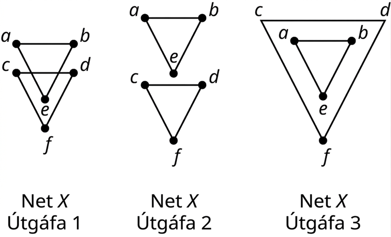 Þrjú net. Útgáfa 1 af neti X hefur sex hnúta: a, b, c, d, e og f. Hnútarnir a, b og e tengjast með þremur leggjum og mynda þríhyrning. Hnútarnir c, d og f tengjast einnig með þremur leggjum og mynda þríhyrning. Þríhyrningarnir skarast en enginn hnútur er á skurðpunktinum. Útgáfa 2 hefur tvo aðskilda þríhyrninga, annan með hnútunum a, b og e og hinn með c, d og f. Útgáfa 3 hefur tvo sammiðja þríhyrninga. Innri þríhyrningurinn hefur hnútana a, b og e og sá ytri c, d og f.