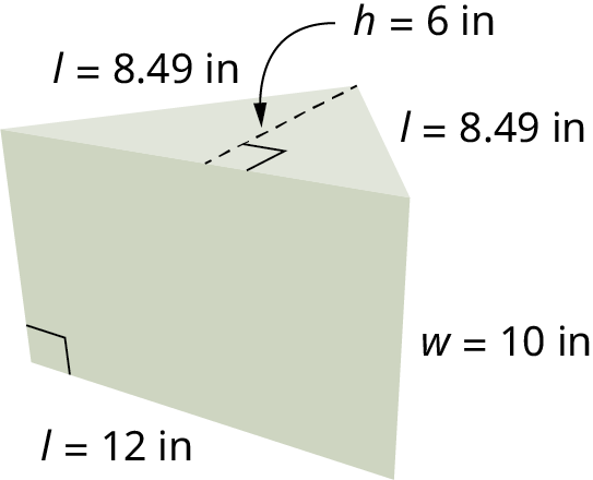 Réttur þríhyrndur strendingur. Hliðar þríhyrningsins eru l = 8,49 tommur, l = 8,49 tommur og l = 12 tommur. Hæð þríhyrningsins er h = 6 tommur og lengd strendingsins w = 10 tommur.
