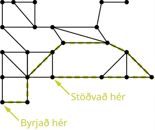 Net með 23 hnúta og 35 leggi. Tíu leggir eru auðkenndir með grænum lit. Tveir hnútar eru merktir „byrjað hér“ og „stöðvað hér“.