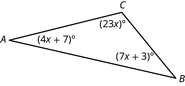 Þríhyrningurinn ABC. Hornið A er (4x + 7)°, B er (7x + 3)° og C er 23x°.